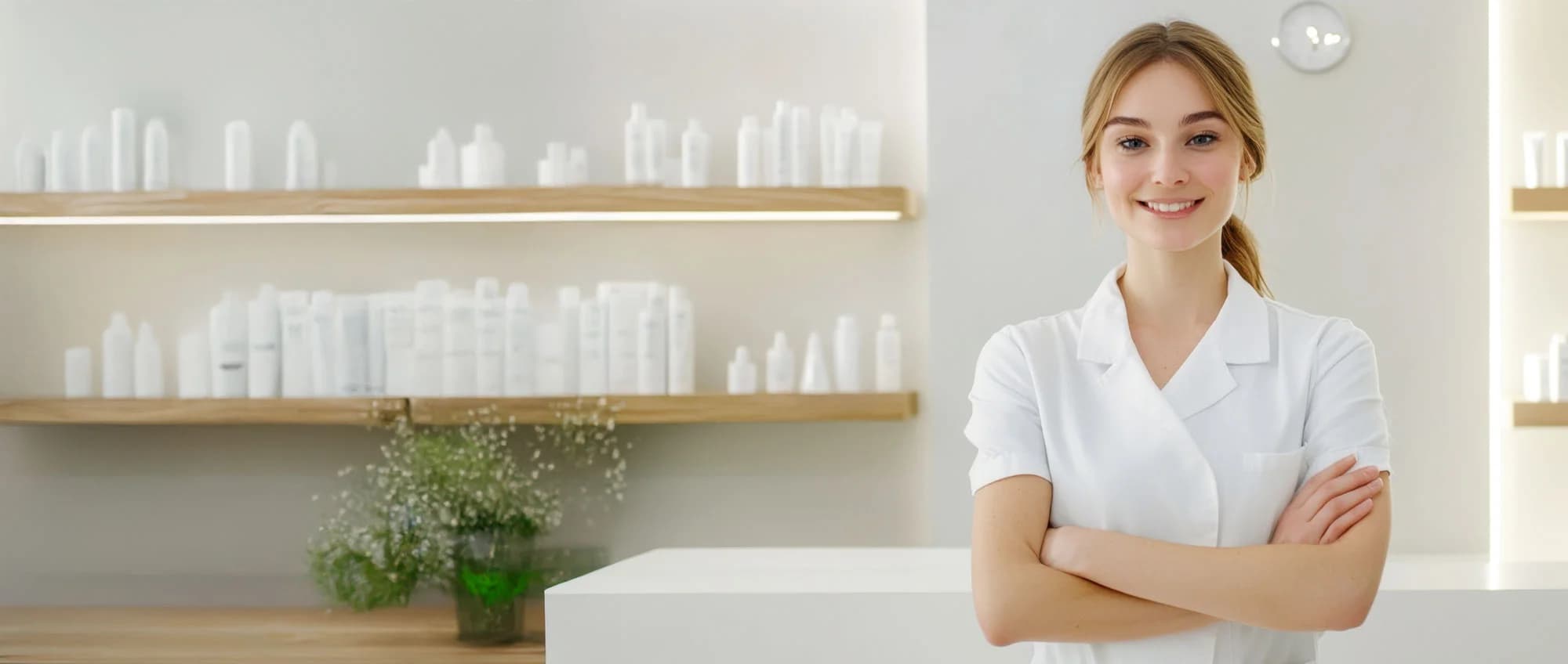 Kobieta w salonie kosmetycznym z założonymi rękami.